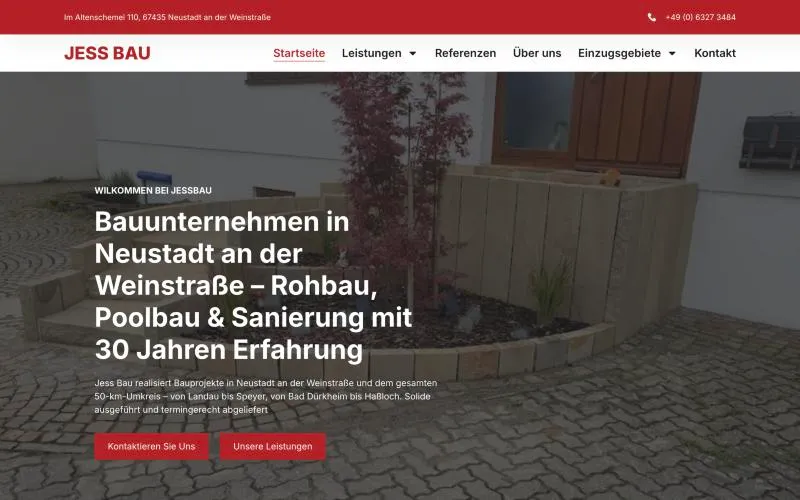 Startseite der Website von Jess Bau, Bauunternehmen in Neustadt an der Weinstraße
