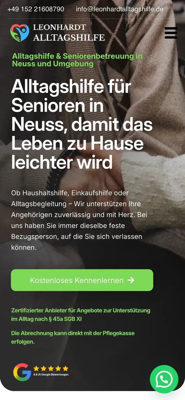 Website von Leonhardt Alltagshilfe auf dem Handy